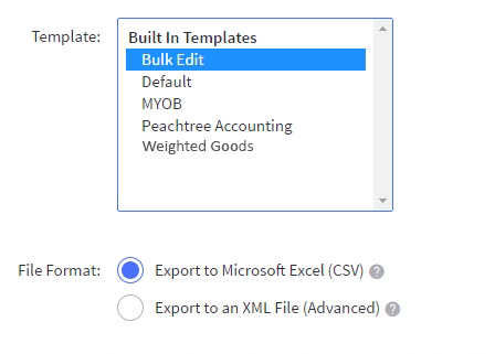 Export Products showing Export Templates and File Format Options