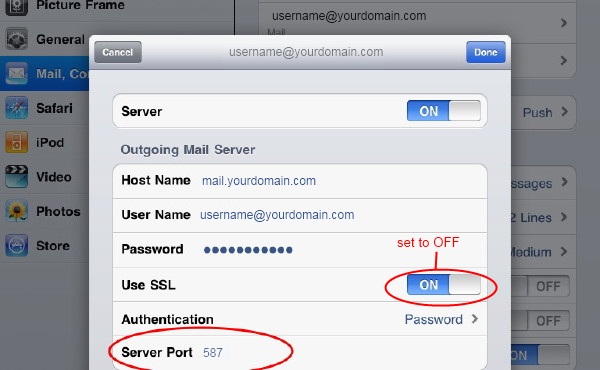 iPad SMTP Settings